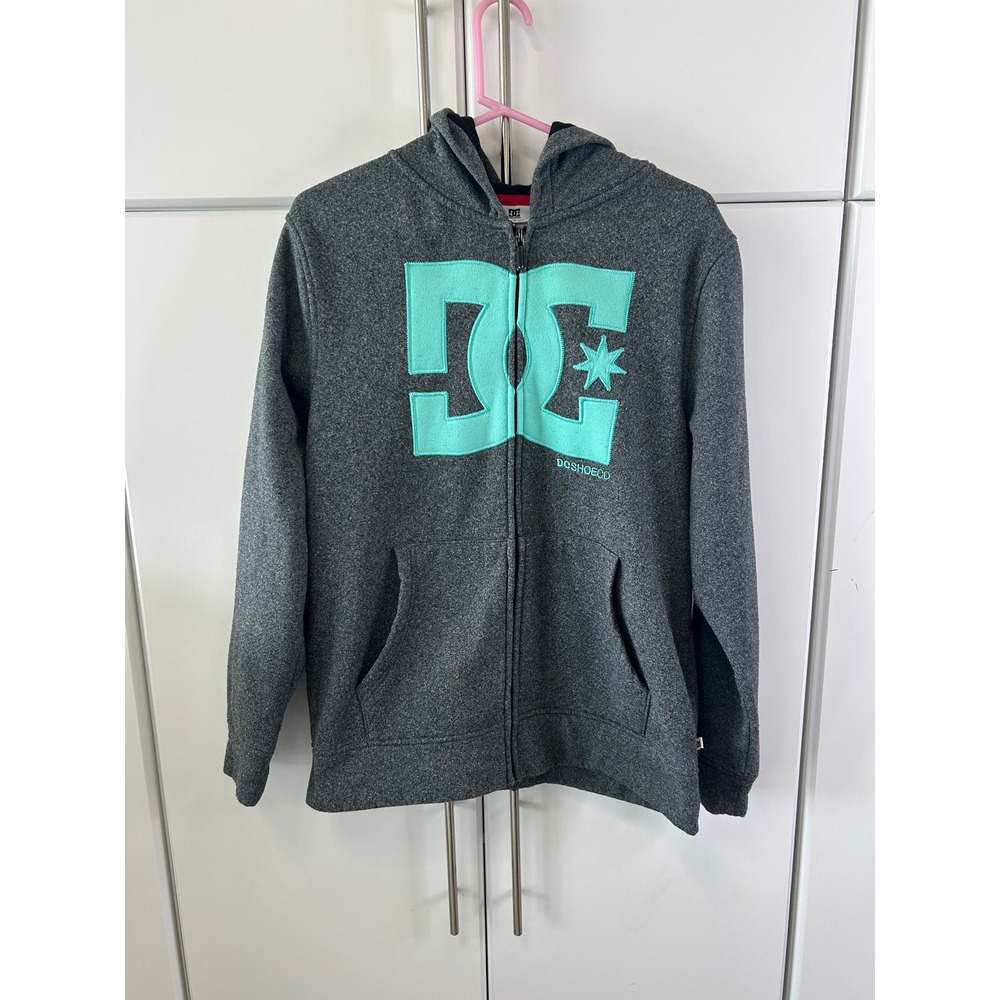 DC Shoes Mens Full Zip Hoodie Charcoal Grey Mint Green Logo Sweatshirt Size M